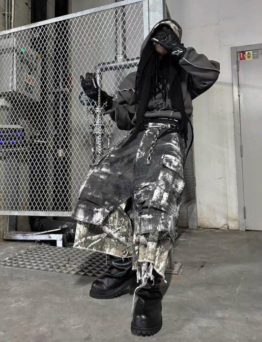 Distressed Camo Patchwork Cargo Shorts