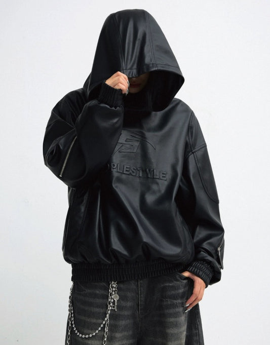 PERSONSOUL PU Leather Hoodie