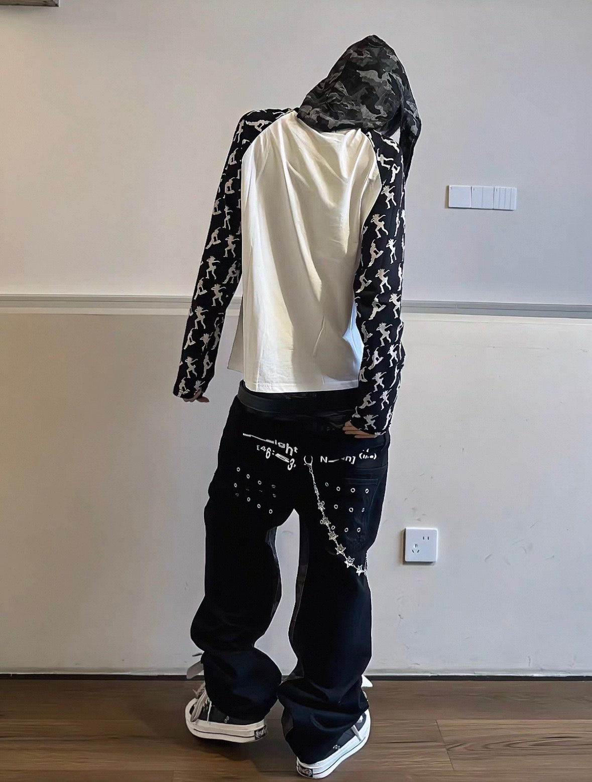 Double Waist Studded Wide Denim Pants