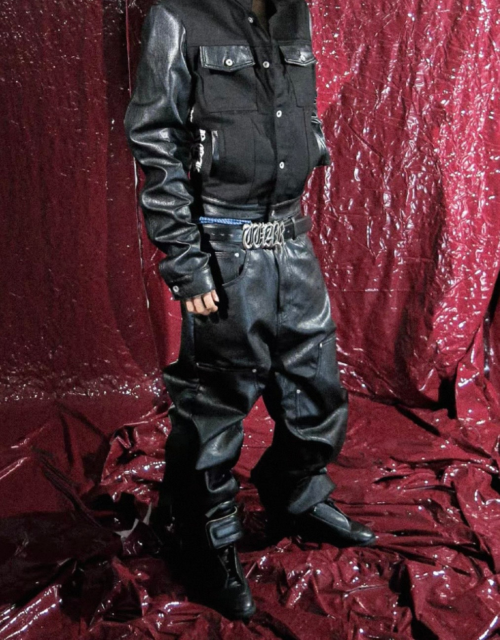 GROUPMAREK PU Leather Lettering Pants