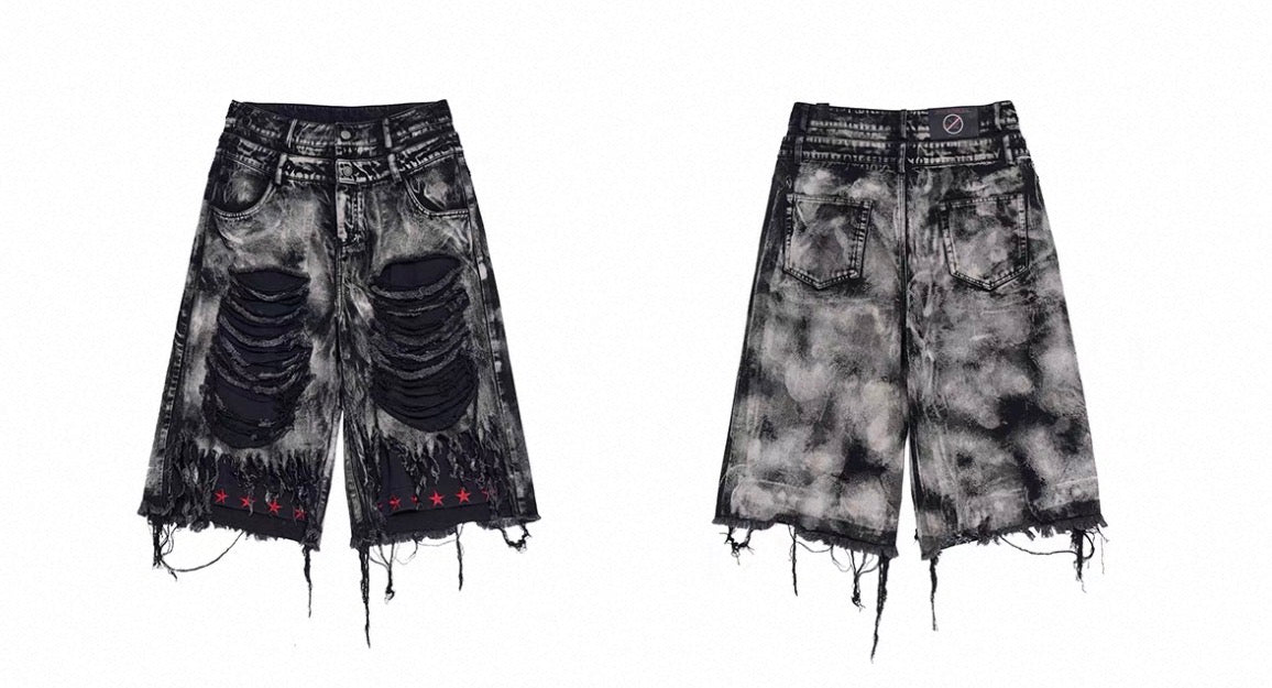 Distressed Star Embroidered Denim Shorts
