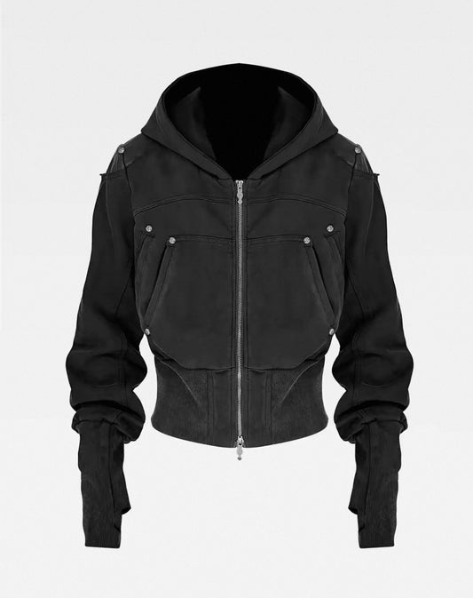 Washed Black Armor Multi-Pocket Zip Hoodie Jacket