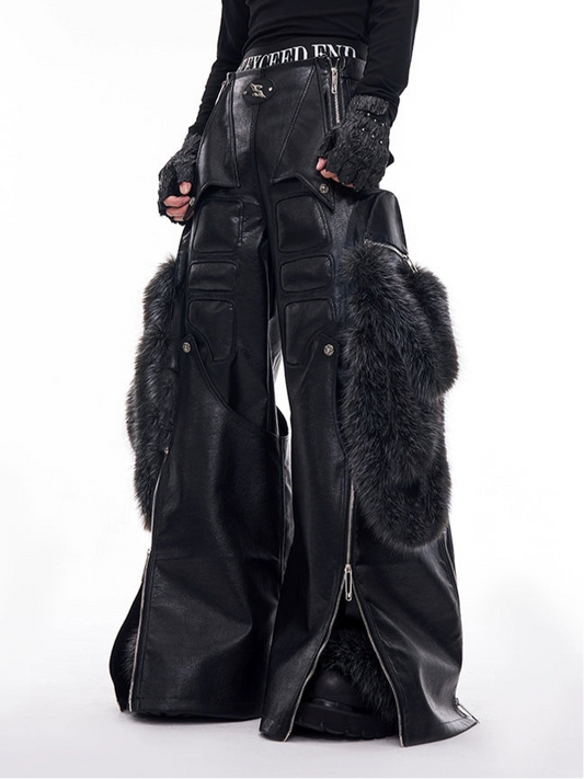 STARTEXCEEDEND Splicing Leather Fur Cargo Pants