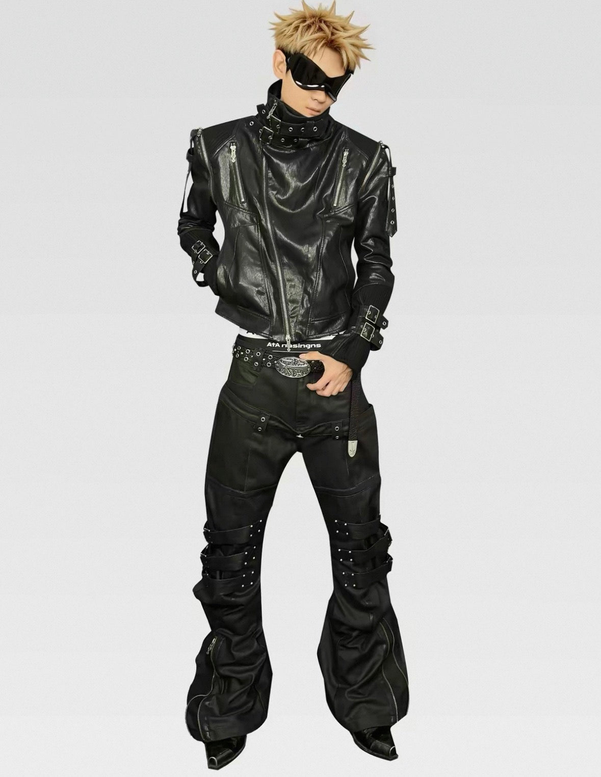 ATANOTHINGNESS Double waist Cross Strap Waxed Flare Pants