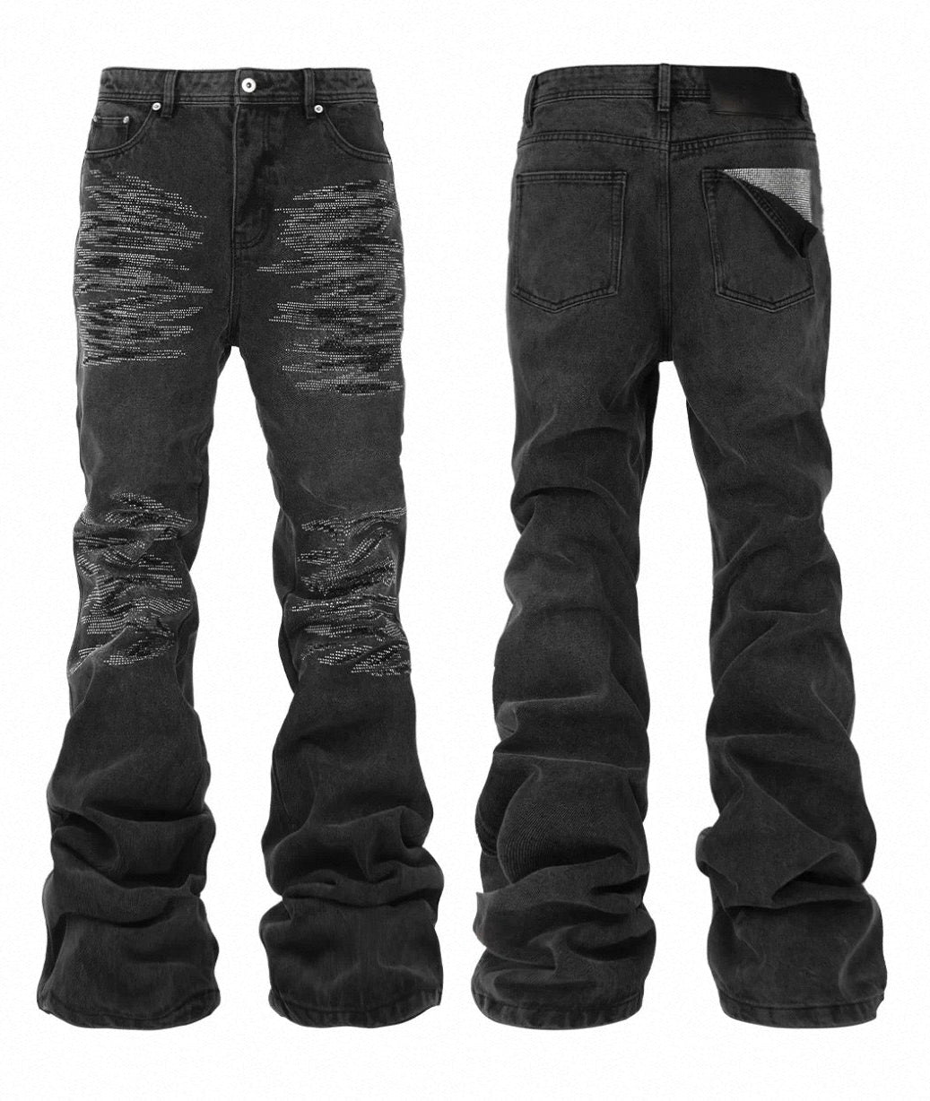 Gradient Rhinestone Whisker Washed Slim Denim Pants