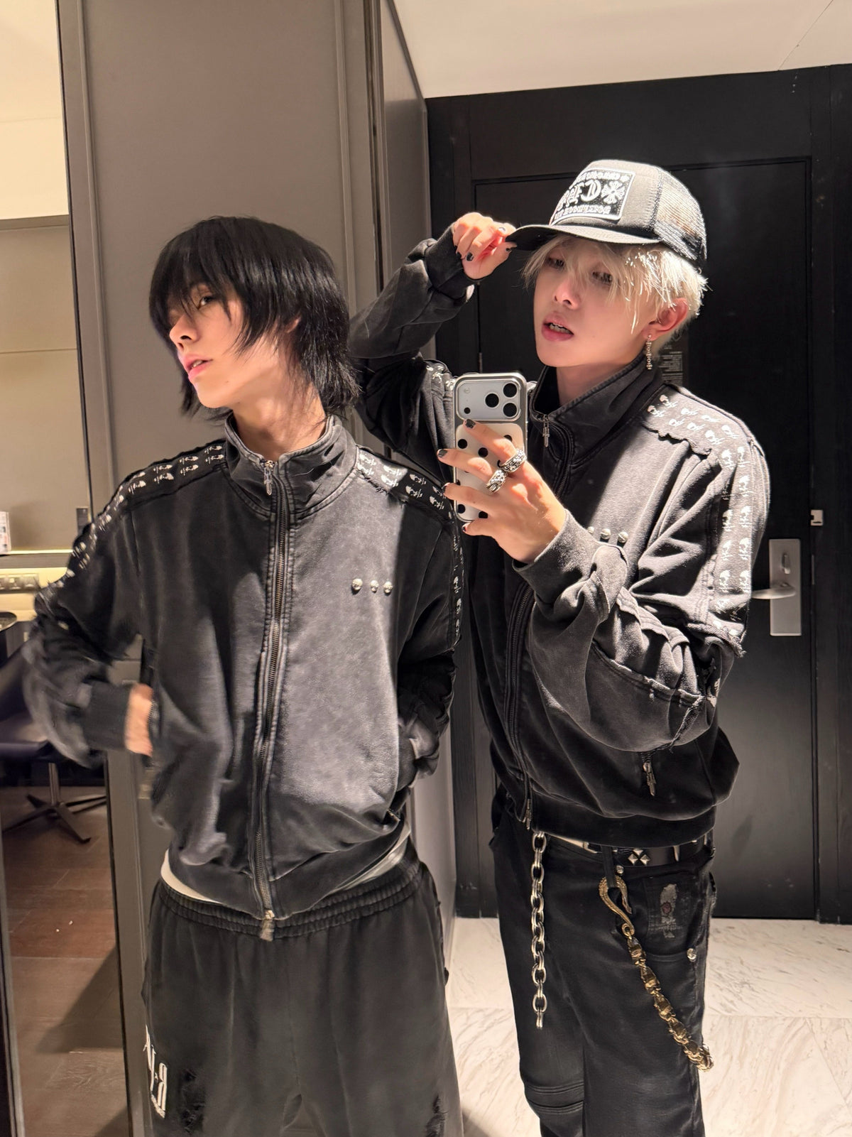 Washed Graphic Patch Stand Collar Zip Jacket