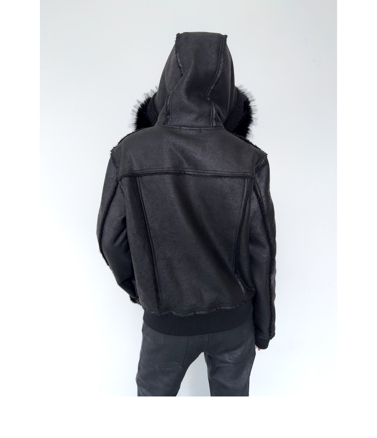 Cracked Faux Leather Fur Trim Hooded Jacket