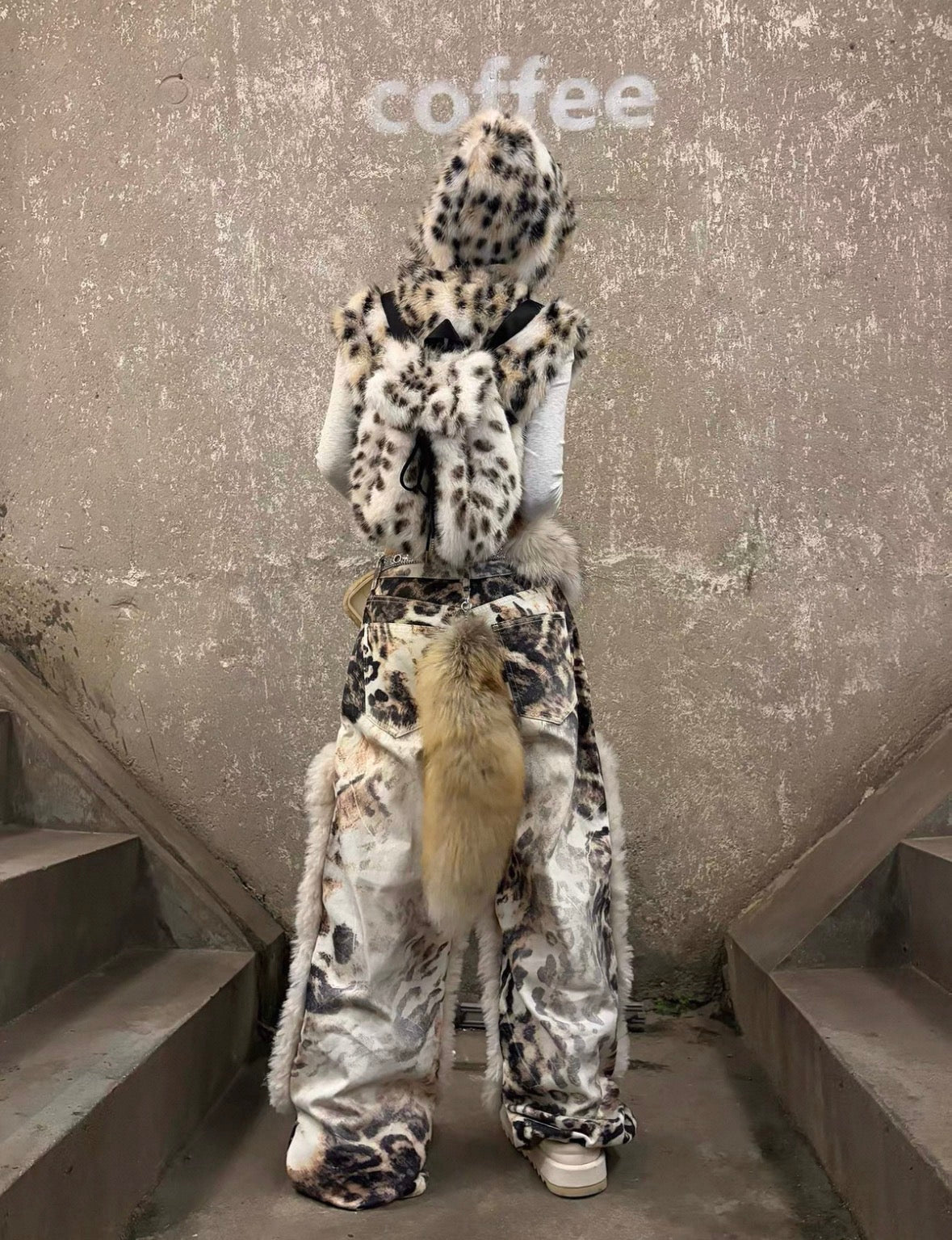 Leopard Faux Fur Wide Denim Pants