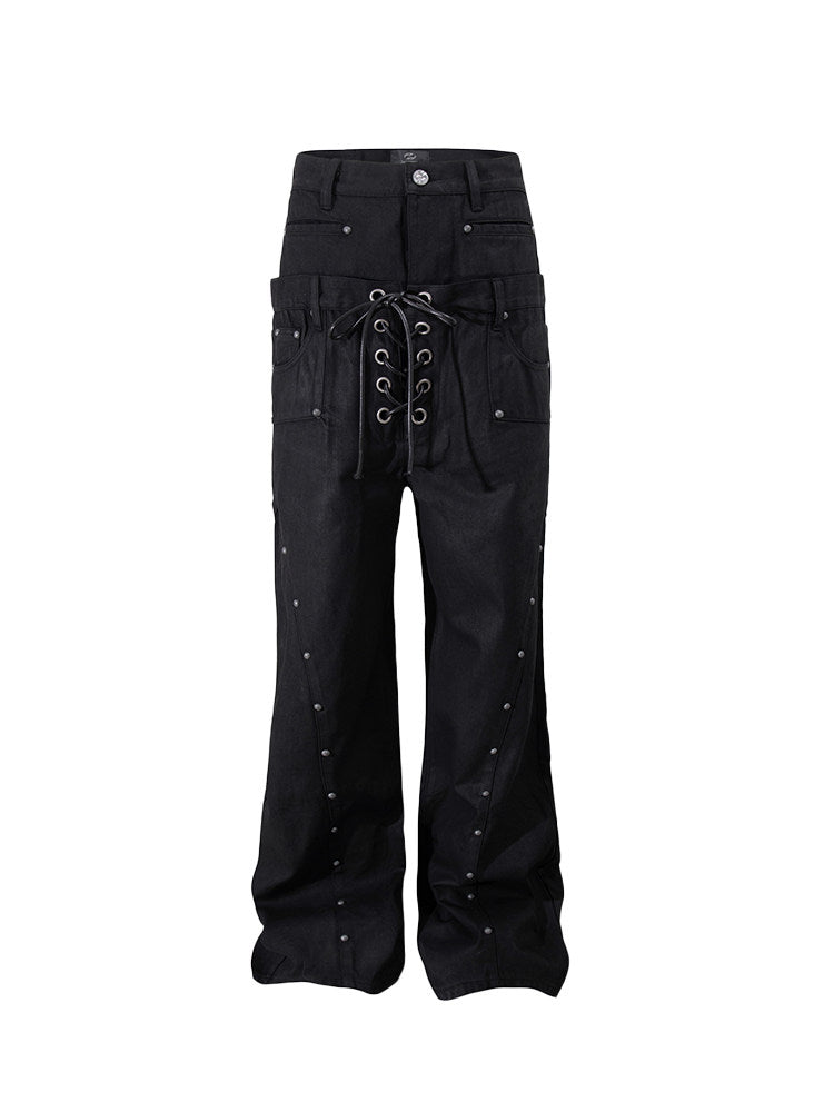 Double Drawstring Studded Wide Leg Jeans