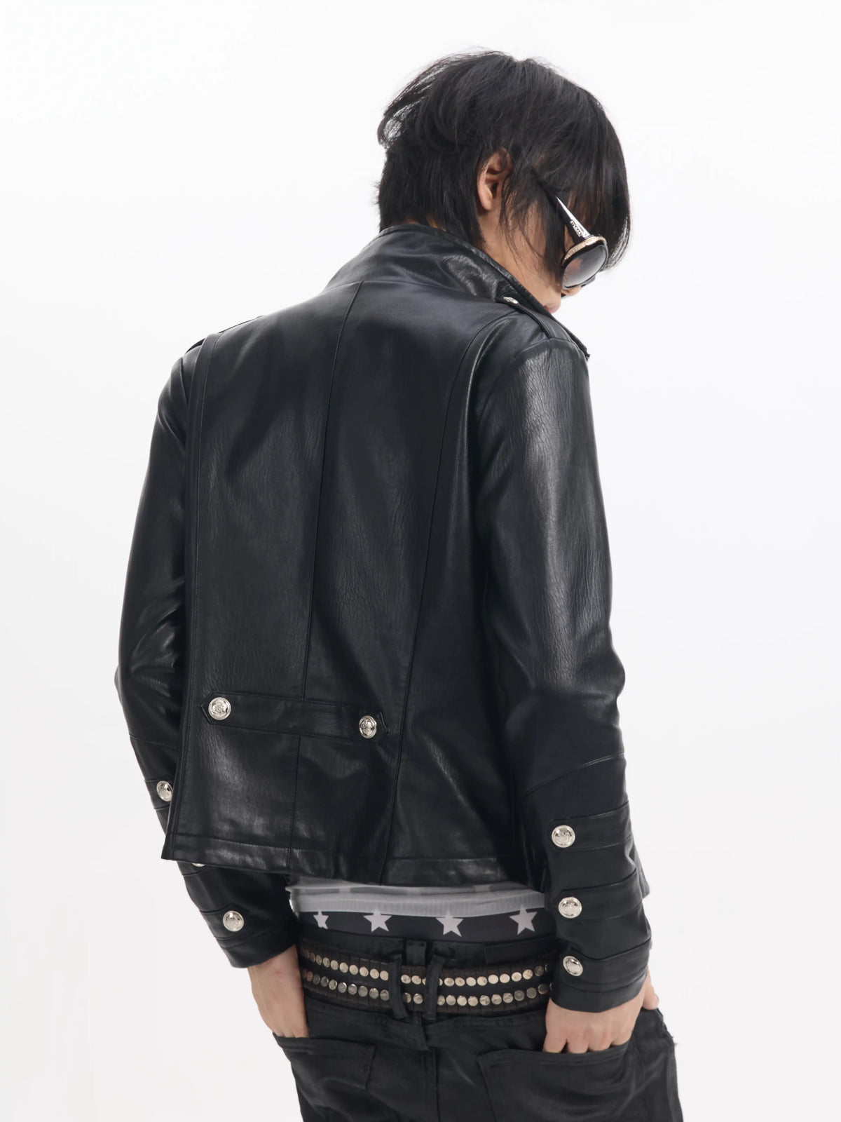 Military Button Cropped Faux Leather Jacket