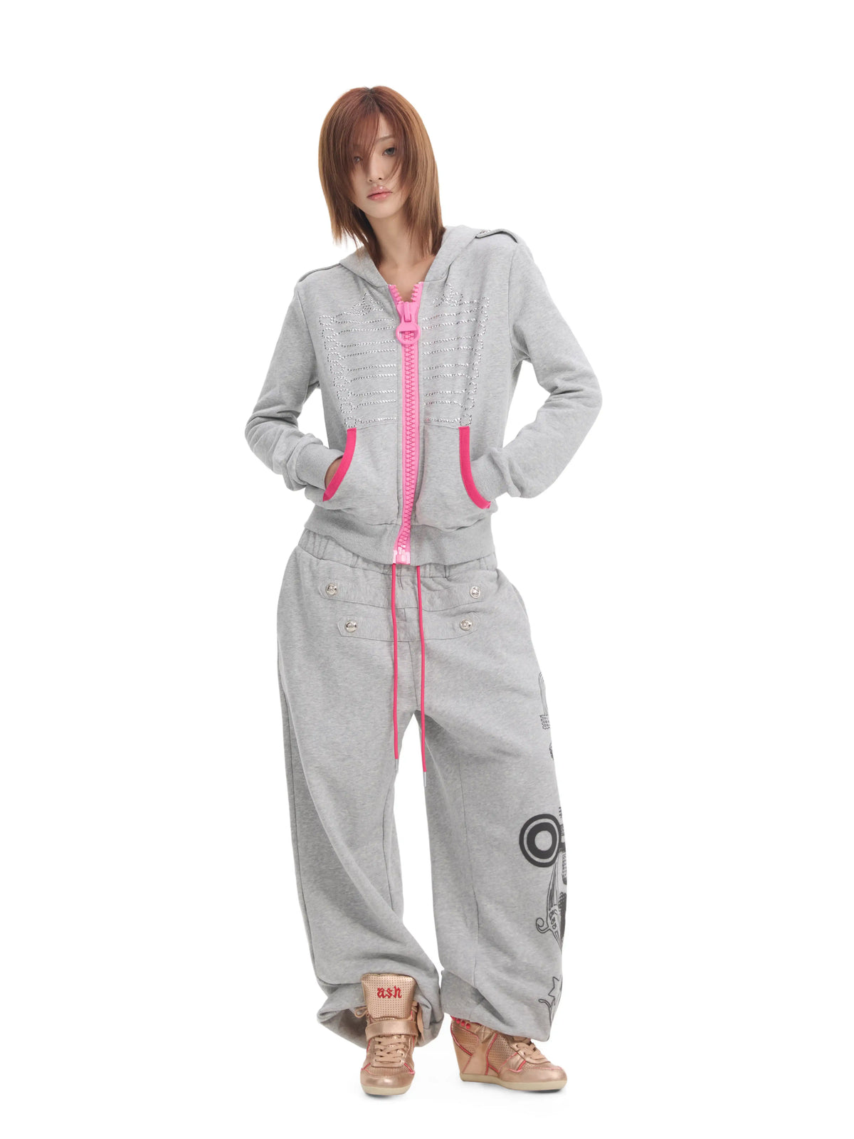 Pink Contrast Zip Grey Hooded Sweatshirt