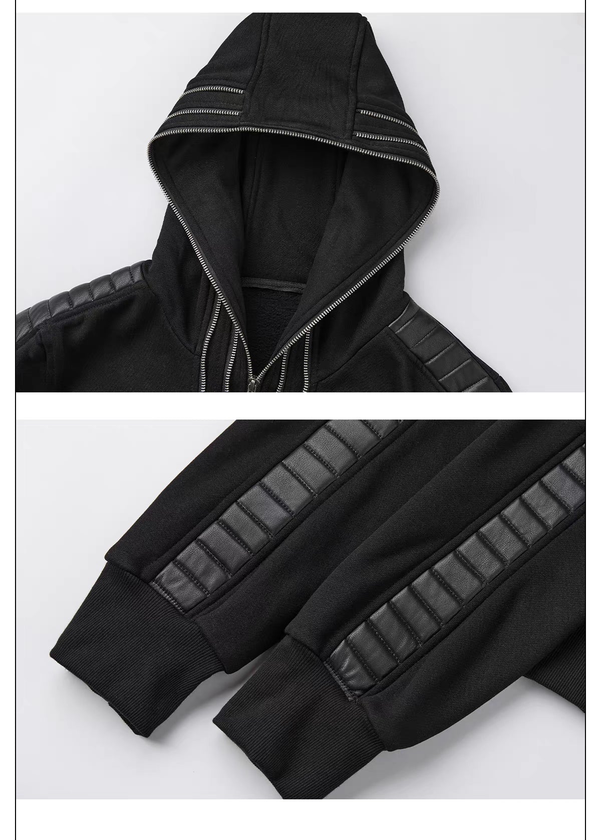 Multi Zip Faux Leather Panel Fitted Hoodie