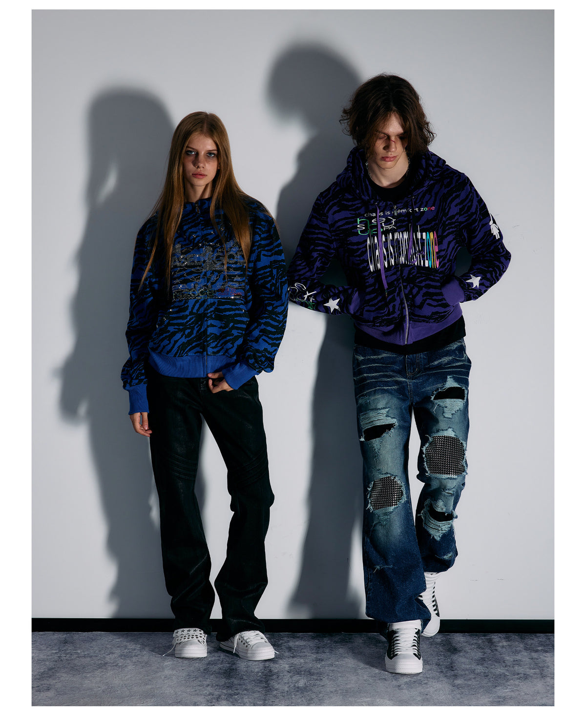 Blue Tiger Stripe Rhinestone Cropped Zip Hoodie