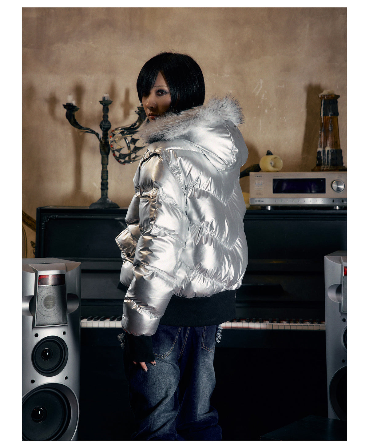 Glossy Fur Trim Hood Cropped Padded Jacket