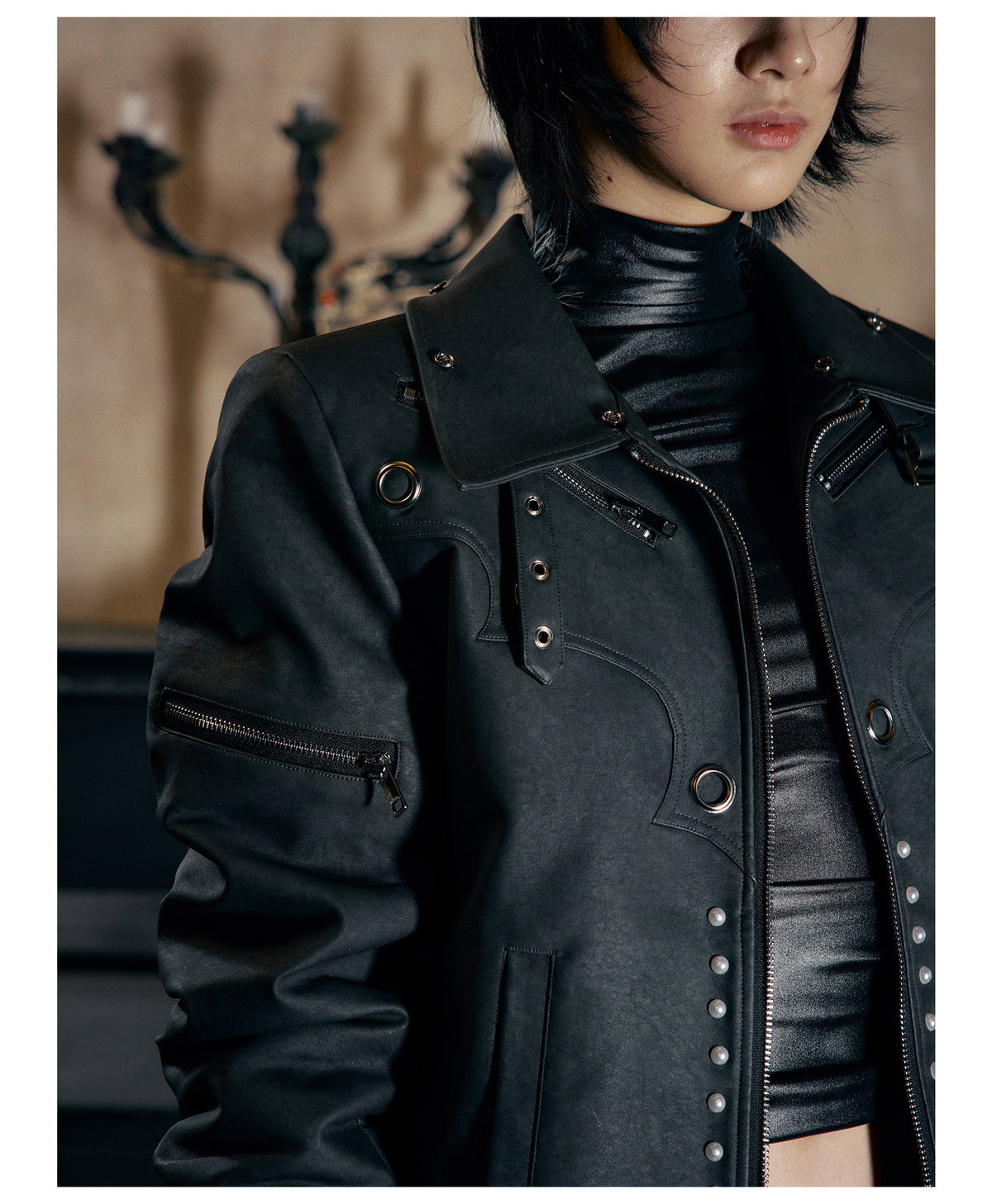 Metallic Faux Leather Detachable Fur Trim Collar Jacket