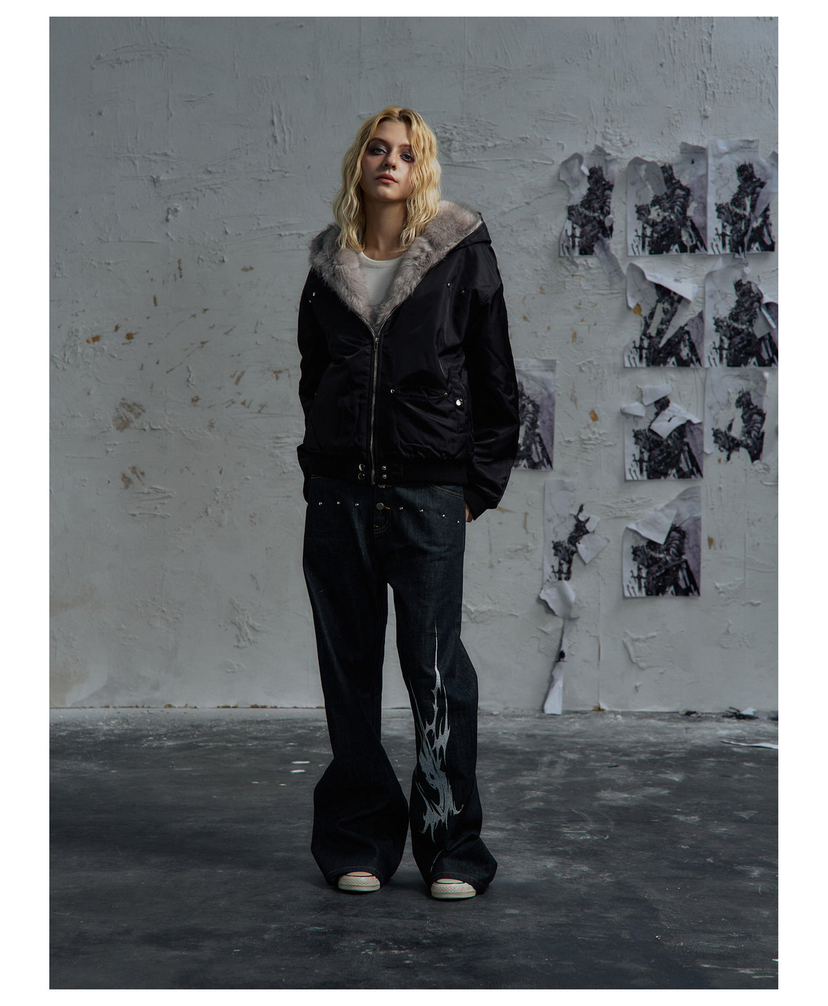 Fur Trim Hood Nylon Bomber Jacket