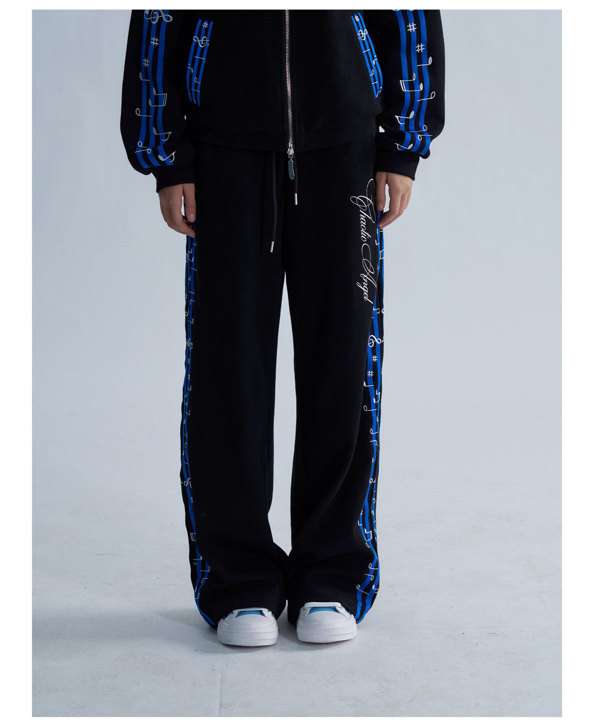 Blue Stripe Music Note Embroidered Zip Hoodie & Wide Pants