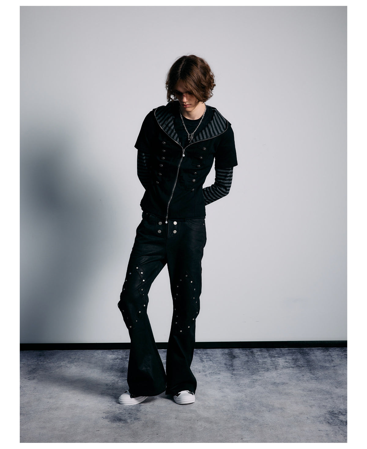 Striped Layered Sleeve Double Row Button Zip Hoodie