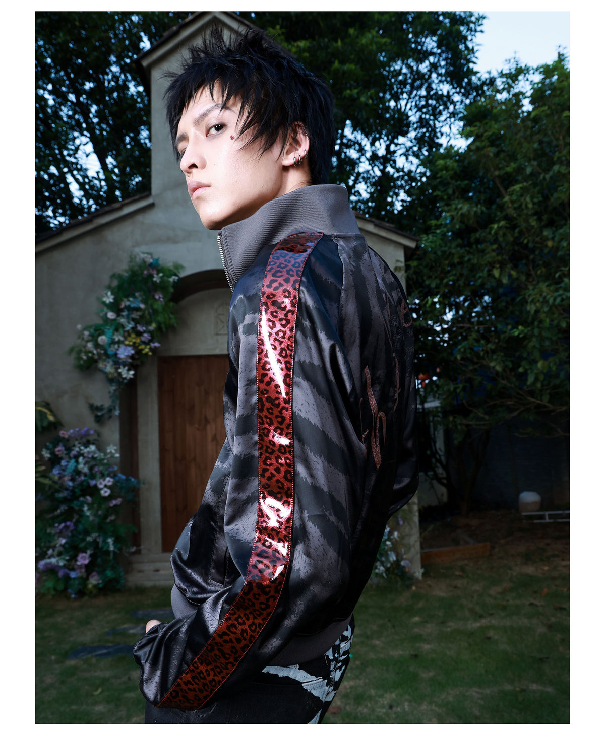 Red Tiger Stripe Panel Stand Collar Track Jacket