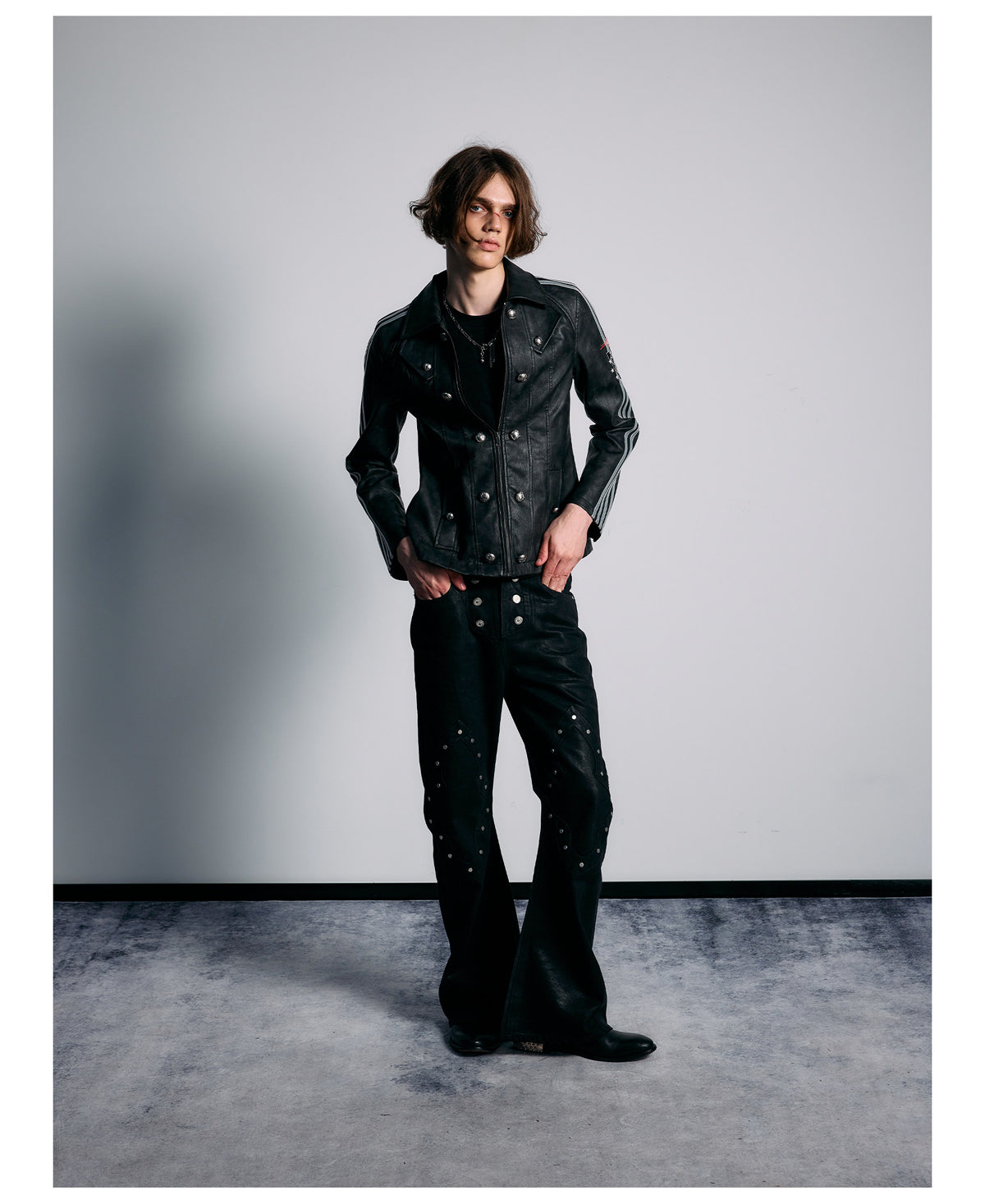 Embroidered Sleeve Stripe Snap Front Faux Leather Jacket