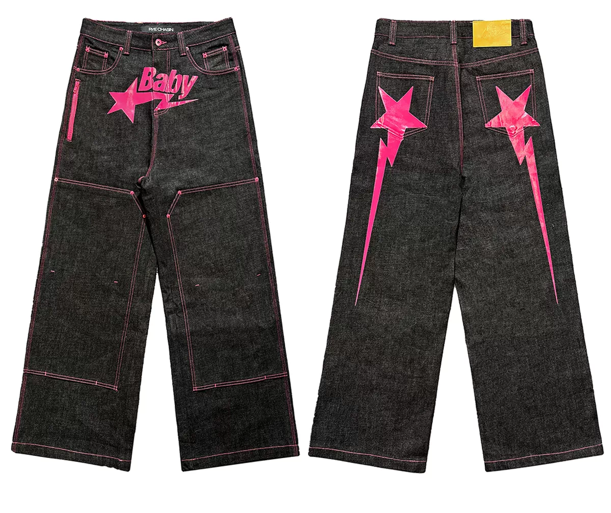 Pink Star Embroidered Wide-Leg Jeans