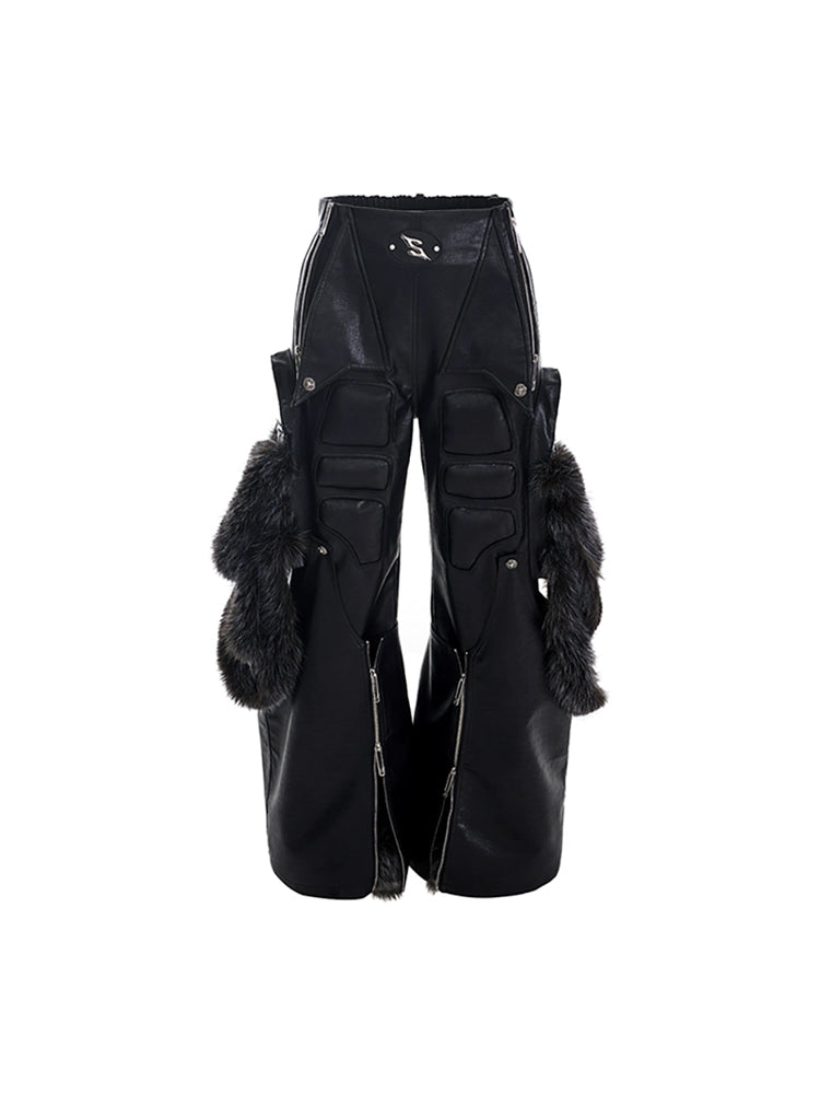 STARTEXCEEDEND Splicing Leather Fur Cargo Pants