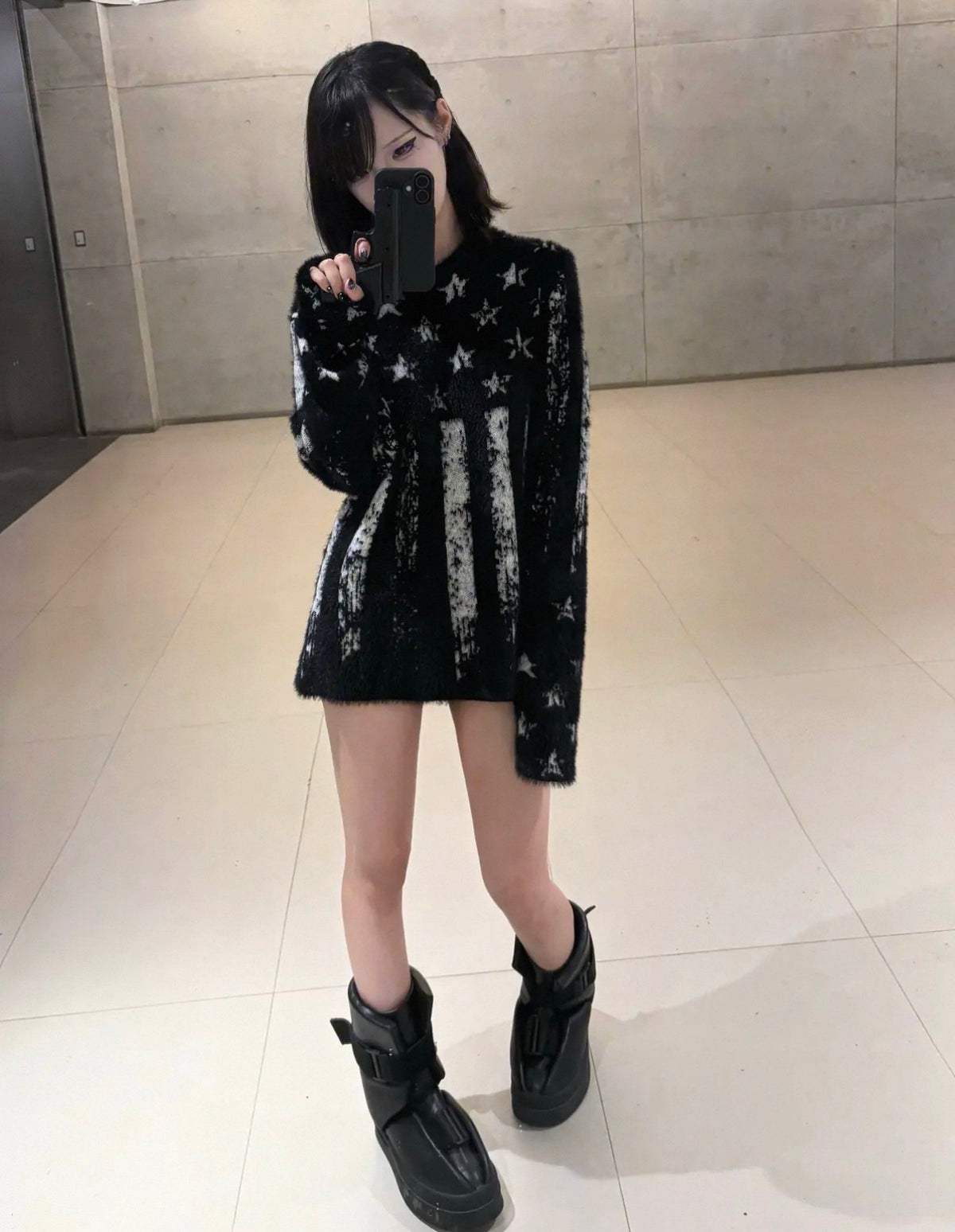 DETW ダメージ スターフラッグ モヘア調ニットセーター SELFISH