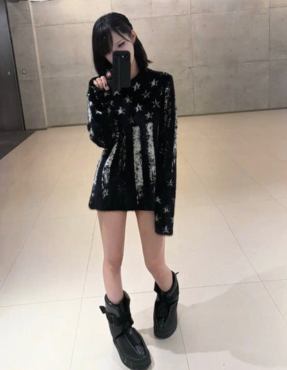 DETW ダメージ スターフラッグ モヘア調ニットセーター SELFISH