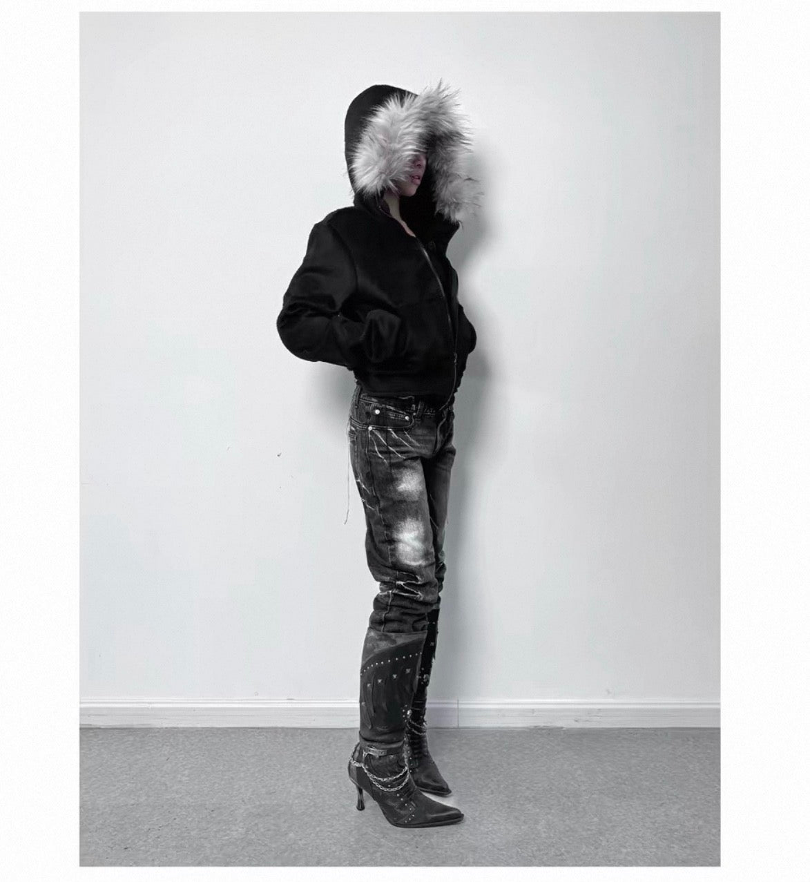Cross Coffin Golden Raccoon Fur High Collar Hooded Fringe Jacket