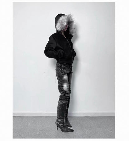 Cross Coffin Golden Raccoon Fur High Collar Hooded Fringe Jacket