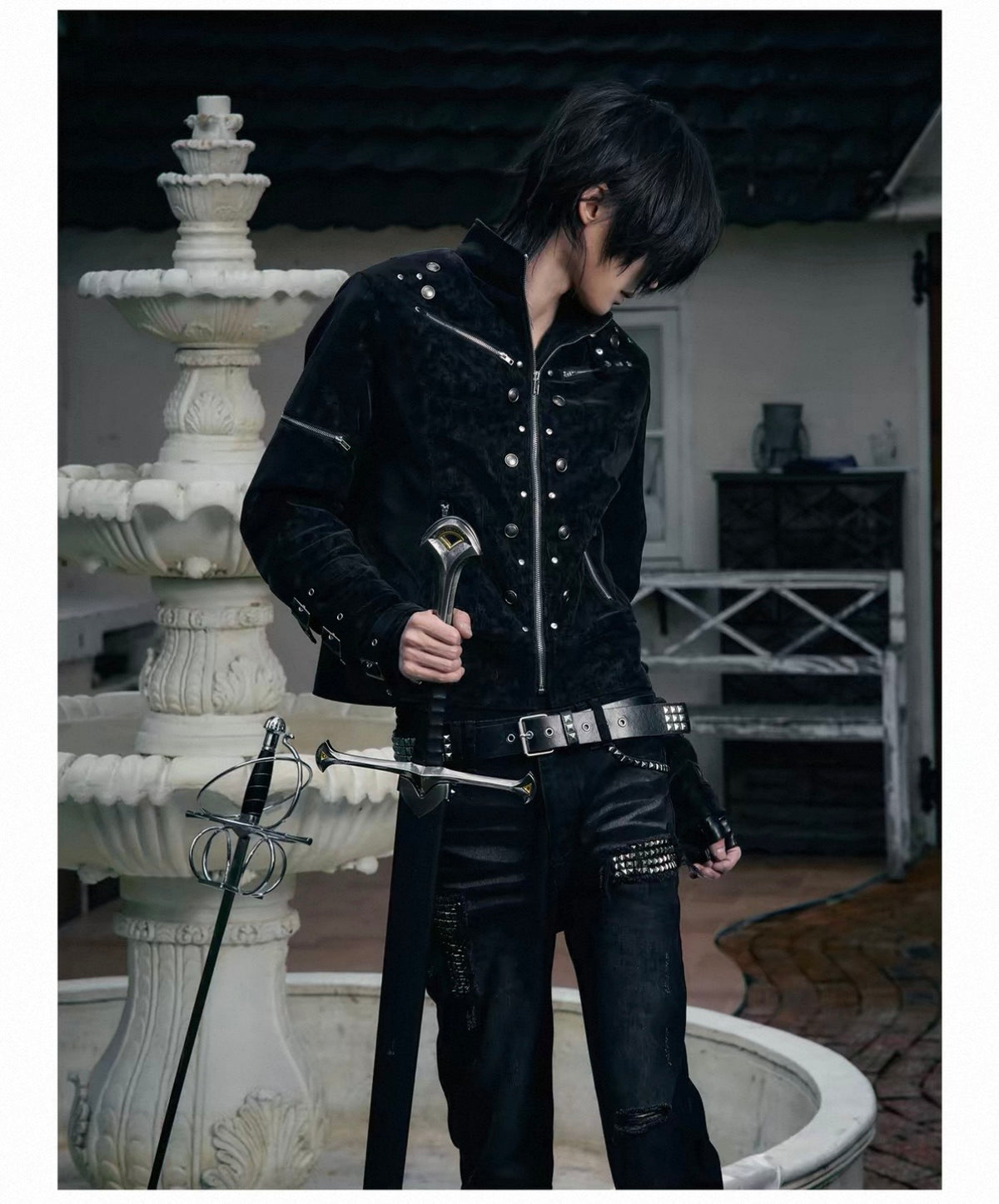 Cross Feather Napoleon Collar Suede-Touch Padded Jacket