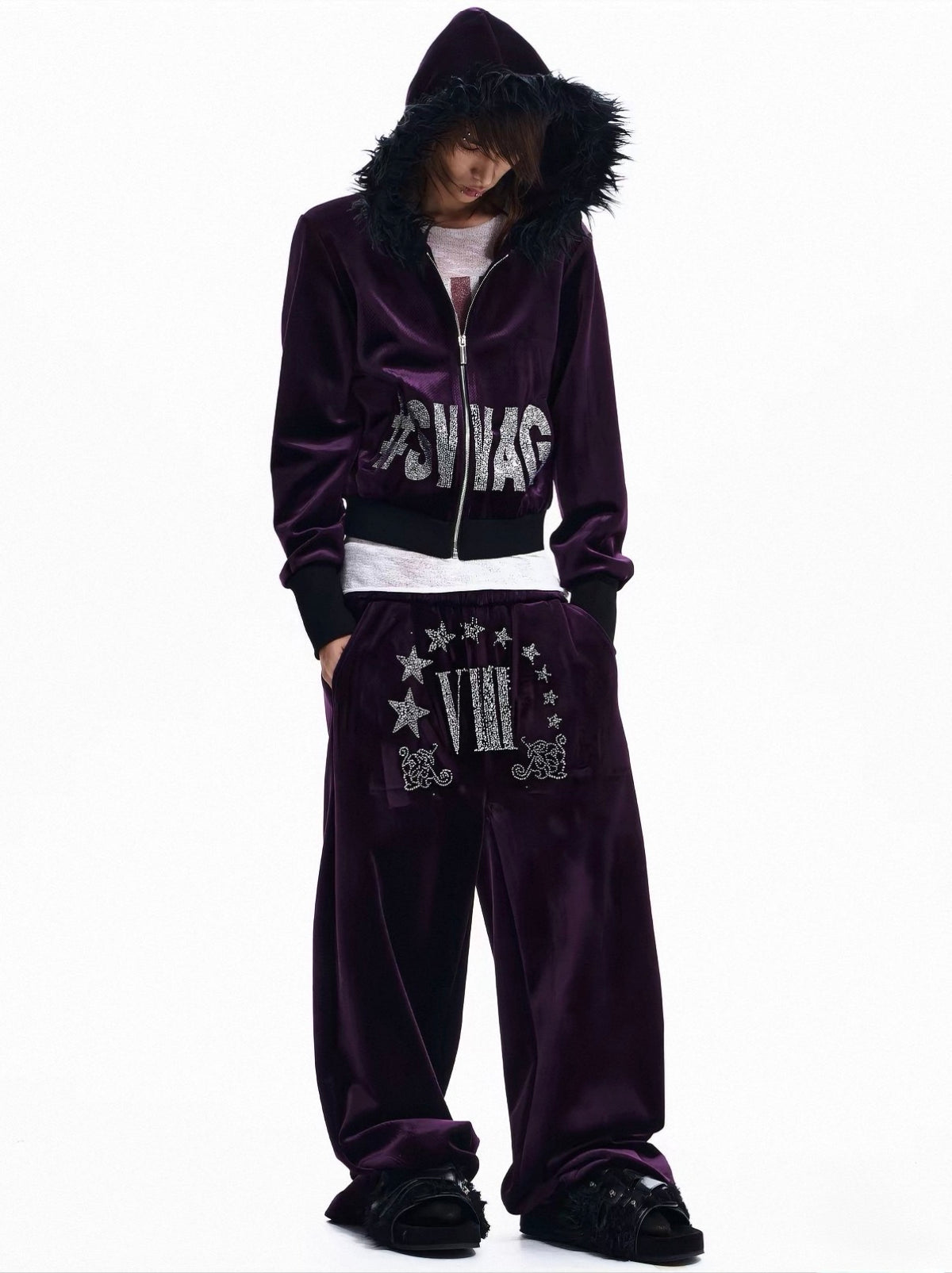 Rhinestone Logo Fur Collar Zip-Up Hoodie Jacket