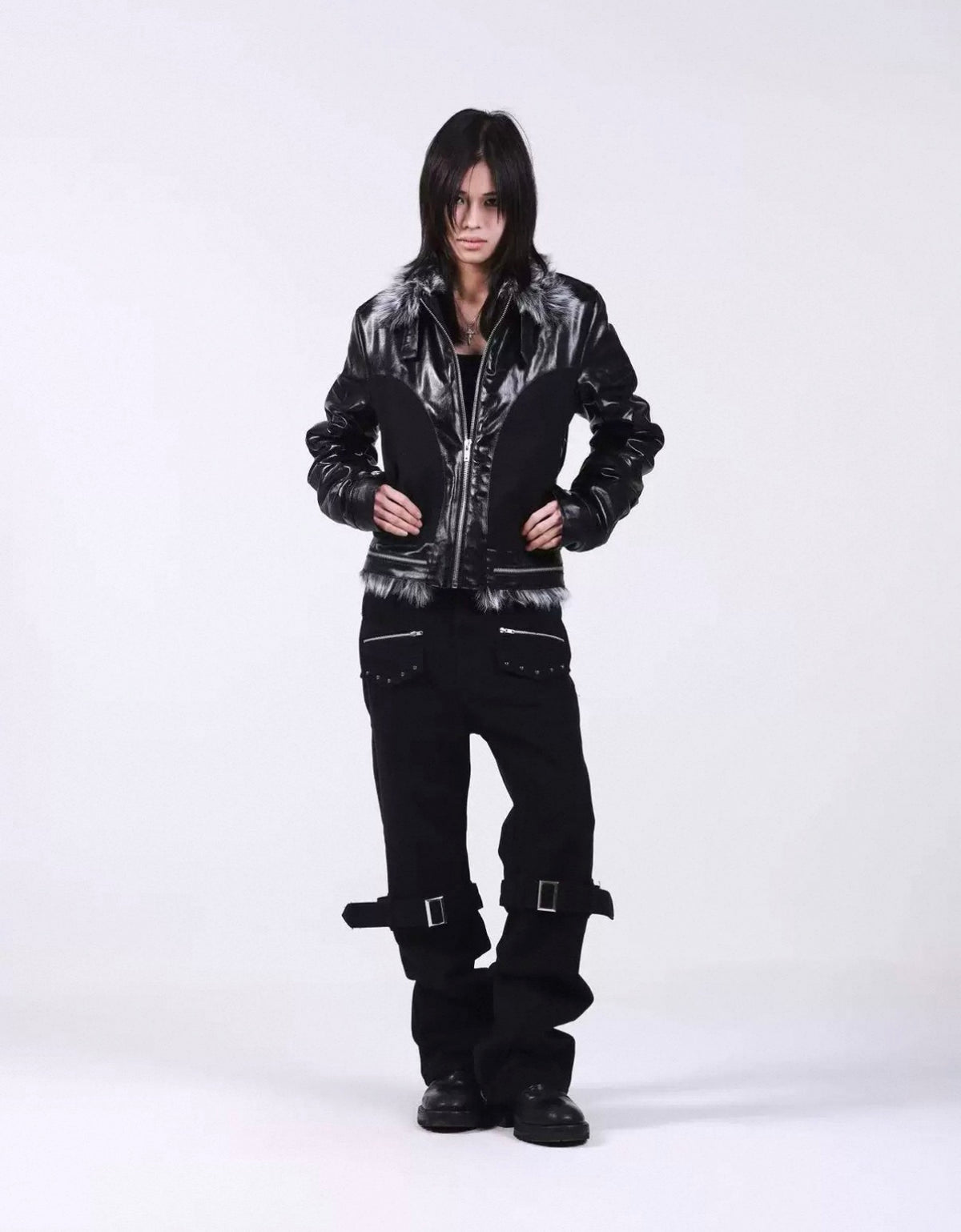 Cross Buckle Wax-Washed Fur Collar Padded Jacket