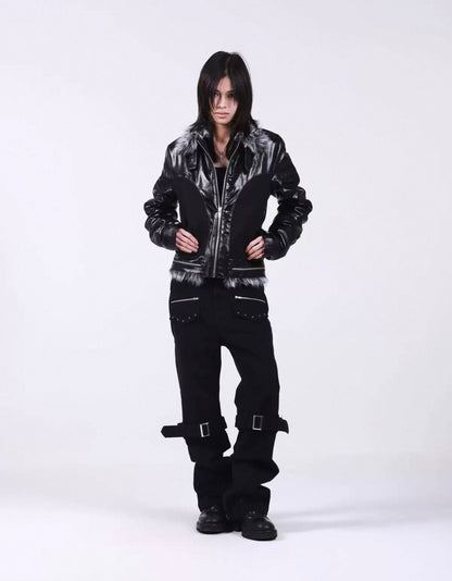 Cross Buckle Wax-Washed Fur Collar Padded Jacket