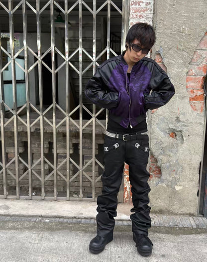 Purple Dragon Jacquard Faux Leather Sleeve Bomber Jacket