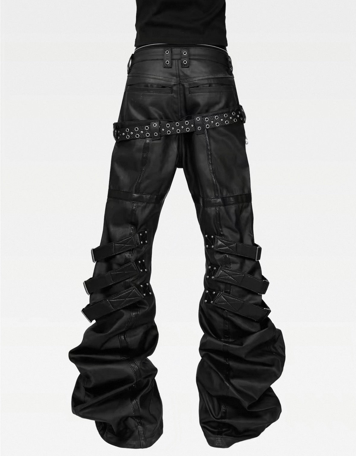 ATANOTHINGNESS Double waist Cross Strap Waxed Flare Pants