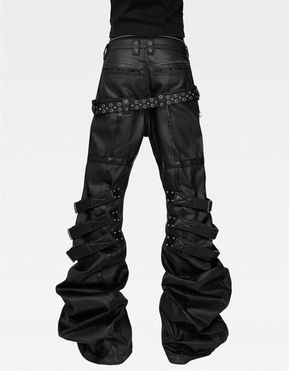 ATANOTHINGNESS Double waist Cross Strap Waxed Flare Pants