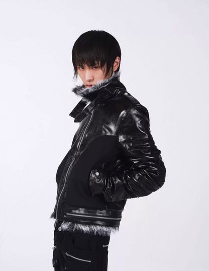 Cross Buckle Wax-Washed Fur Collar Padded Jacket
