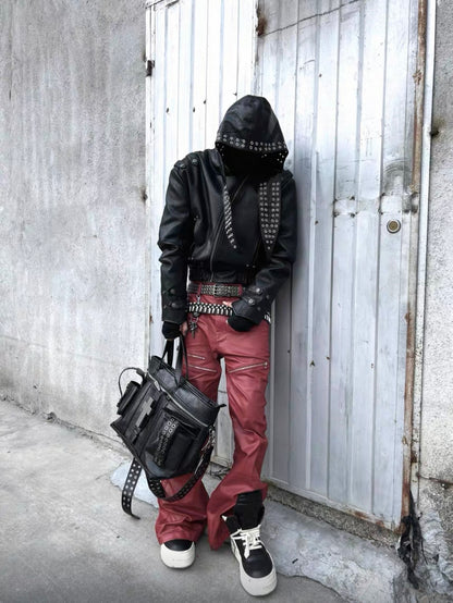 REVEL WAVE Red Lether Flare Pants