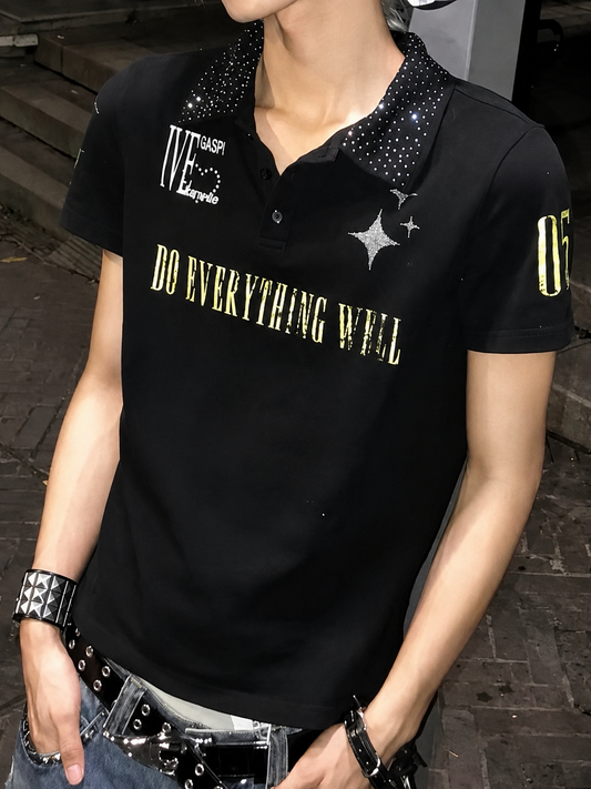 Rhinestone Slogan Piqué Polo Shirt
