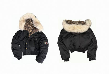 Leopard Fur Collar Red Star Hooded Padded Jacket