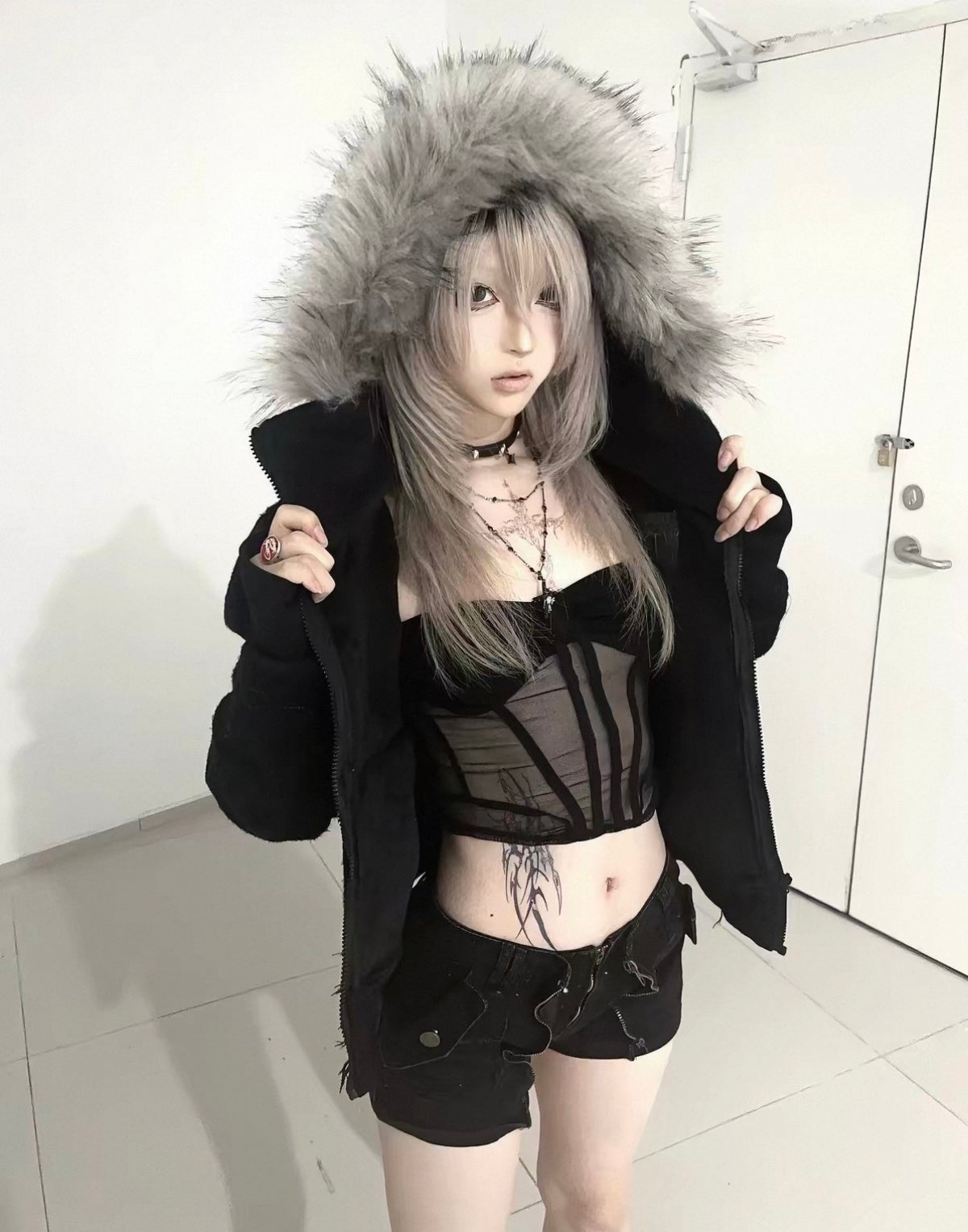 Cross Coffin Golden Raccoon Fur High Collar Hooded Fringe Jacket