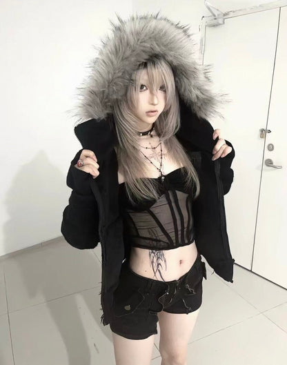 Cross Coffin Golden Raccoon Fur High Collar Hooded Fringe Jacket