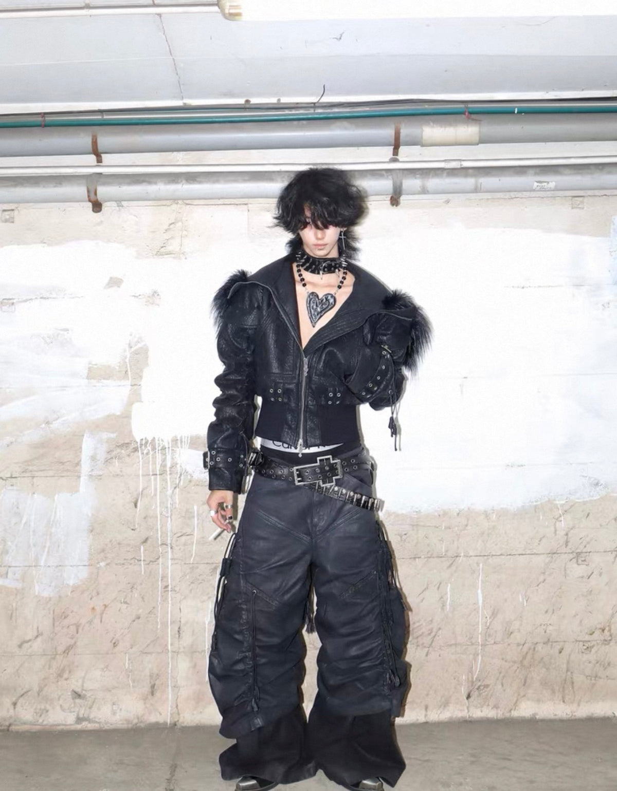ATANOTHINGNESS フード付きバックルストラップ PUレザージャケット SELFISH