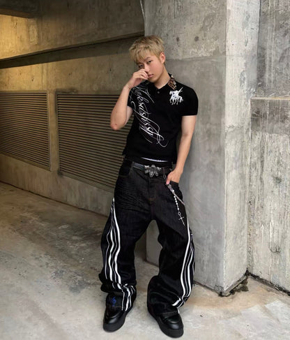 Graphic Embroidered Flip Collar Polo Shirt