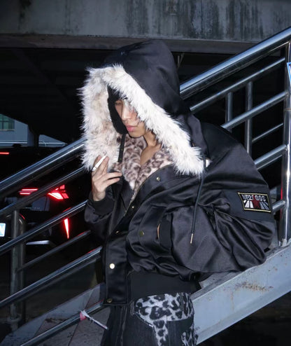 Leopard Fur Collar Red Star Hooded Padded Jacket