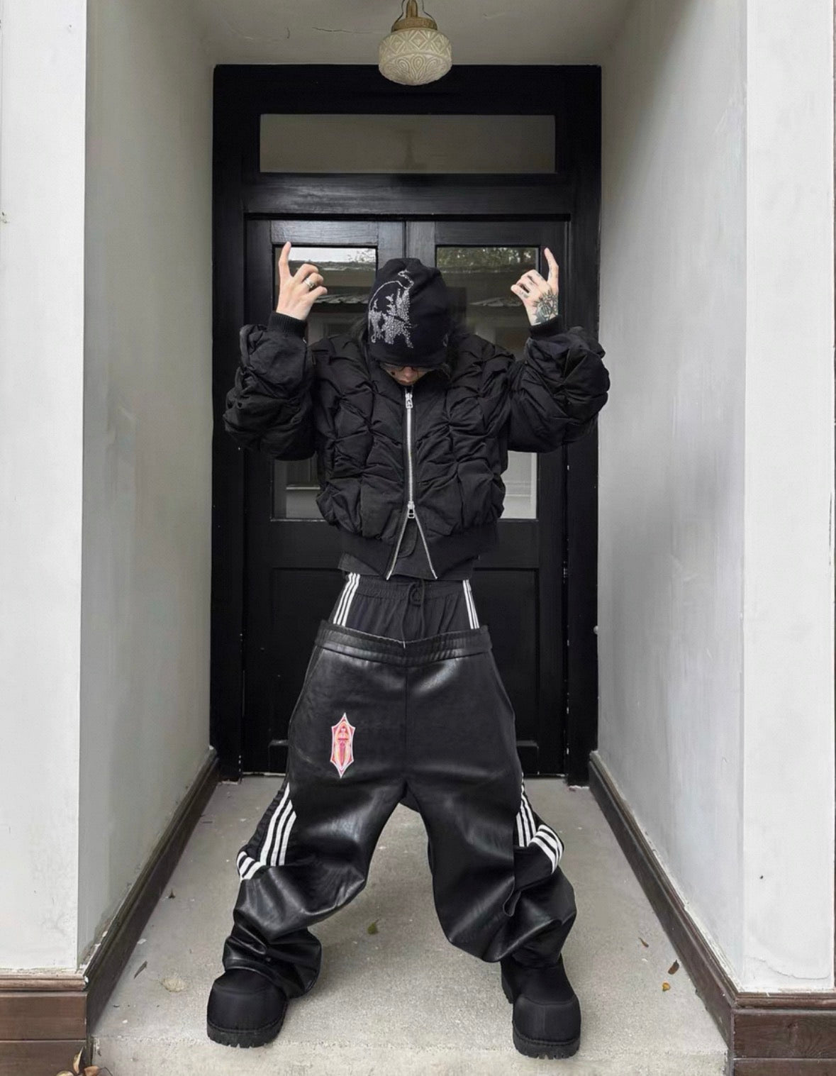 FOURTH3EX Double Waist PU Leather Pants