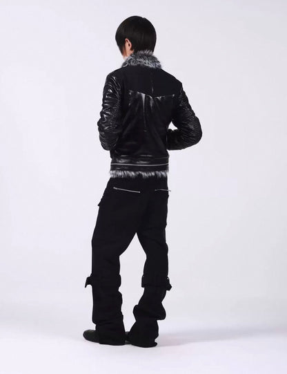 Cross Buckle Wax-Washed Fur Collar Padded Jacket