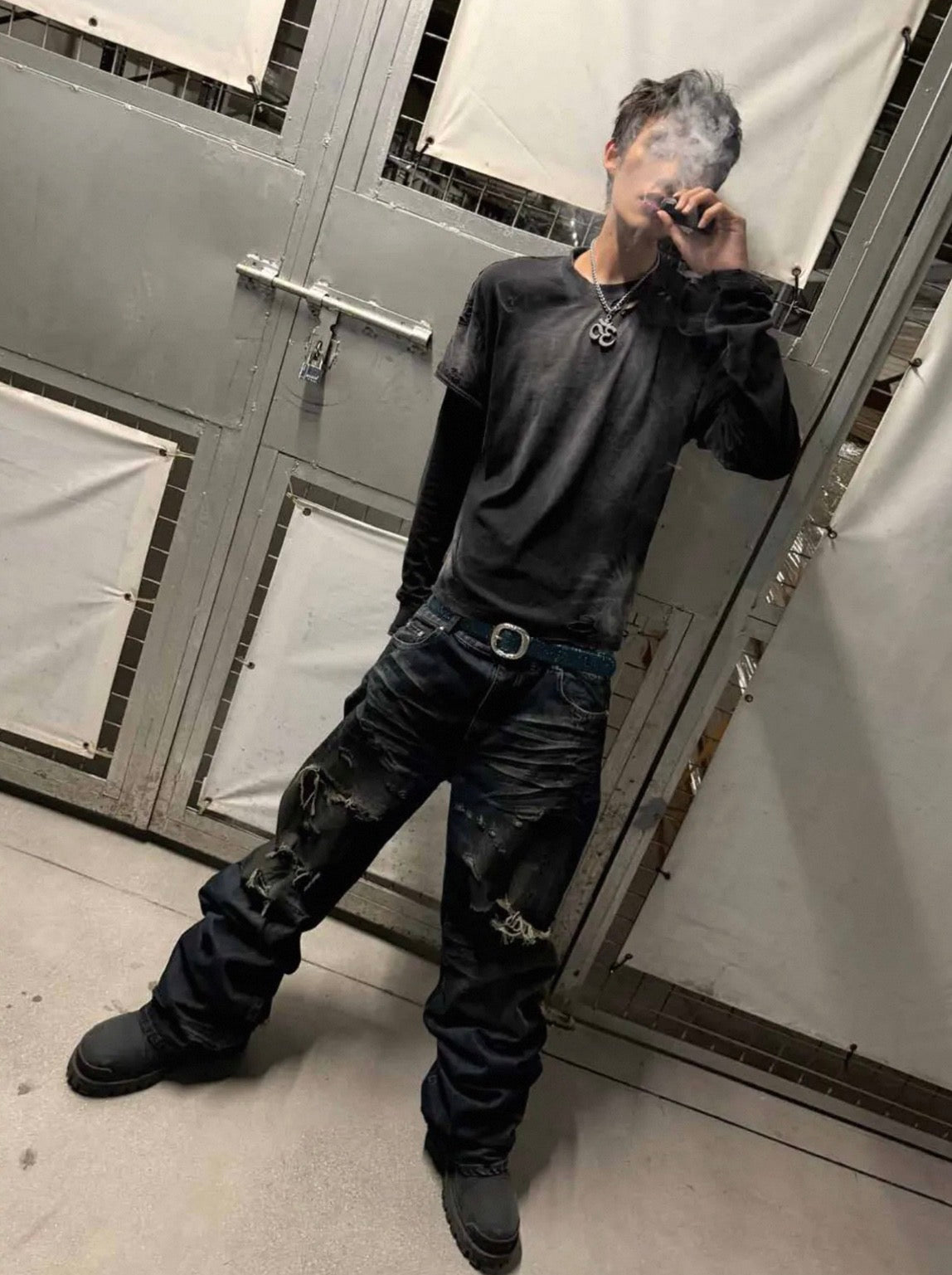 CINDER VEIN ソルトウォッシュ レイヤード 長袖Tシャツ SELFISH