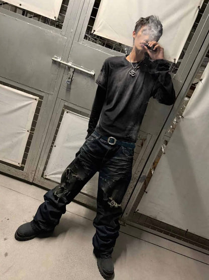 CINDER VEIN ソルトウォッシュ レイヤード 長袖Tシャツ SELFISH